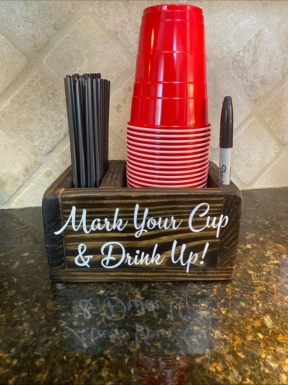Wooden Drink Caddy with Red Solo Cup Organizer